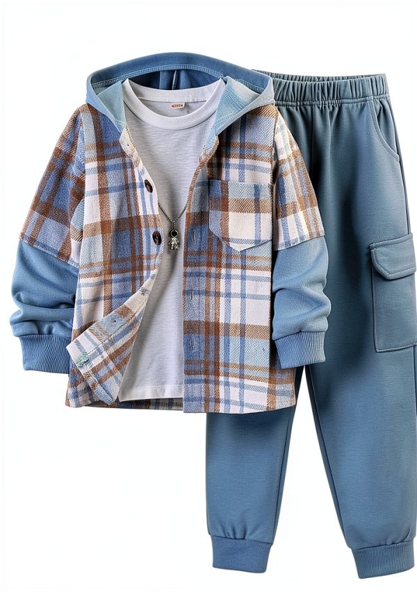 Boys Flannel Plaid Shirt Pants Set Hoodie Sweatsuit 4-12